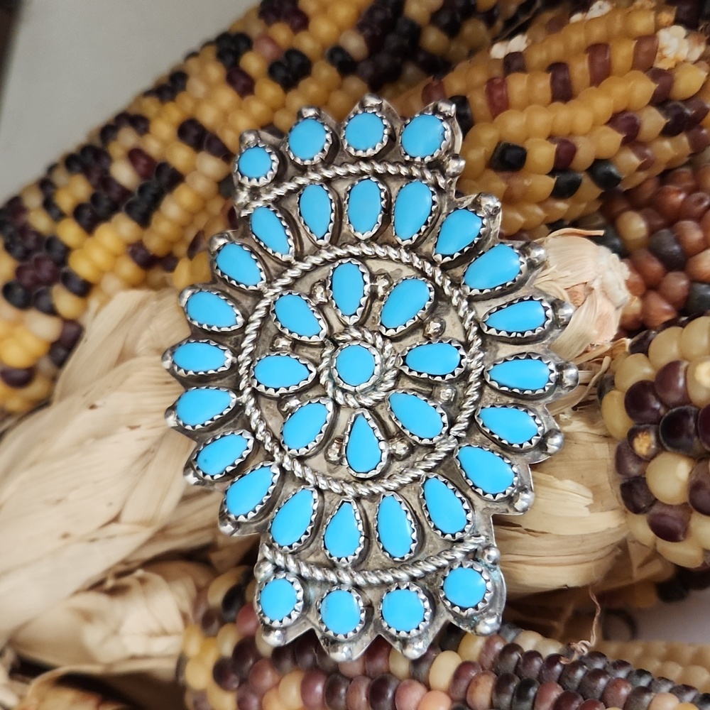 Vintage Native American Turquoise & Sterling Flower Cluster Pin 💙